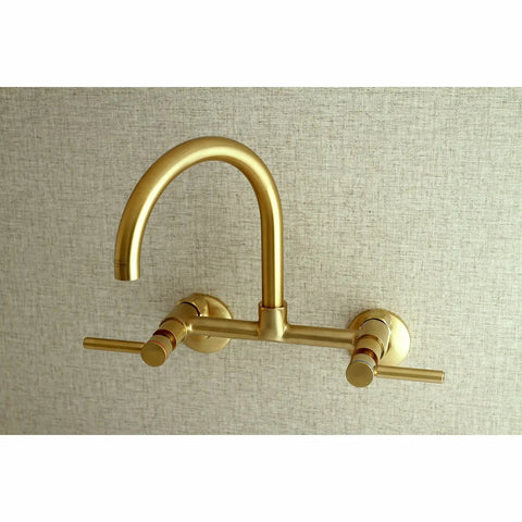 8 Inch Adjustable Center Wall Mount Kitchen Faucet With Solid Brass Construction Drip Free Ceramic Disc Cartridge Brushed Nickel Finish For A Boss Look Easy Install Smooth Flow At 60 Psi in gold against textured wall