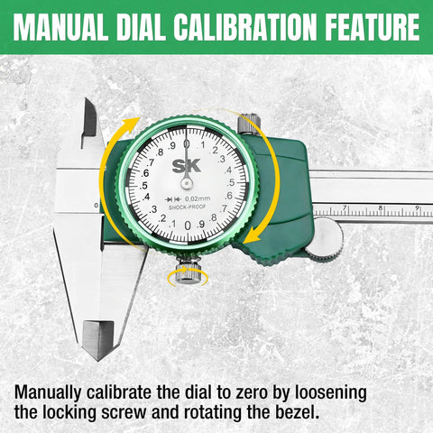 Dial Caliper 150mm Measuring Tool With Shockproof Design showing manual calibration feature, stainless steel construction.