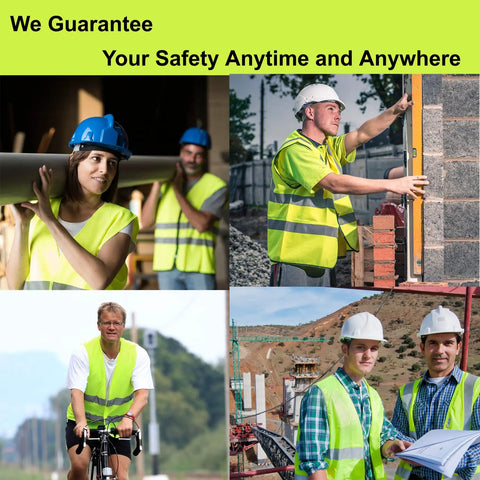 Group wearing Hi Vis Construction Safety Vests 10 Pack Yellow Reflective Vests With Pockets For Men And Women at worksite