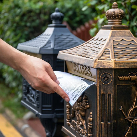 Hand placing letter in rustproof cast aluminum locking curbside mailbox with post mount large black beefy heavy duty security mailbox