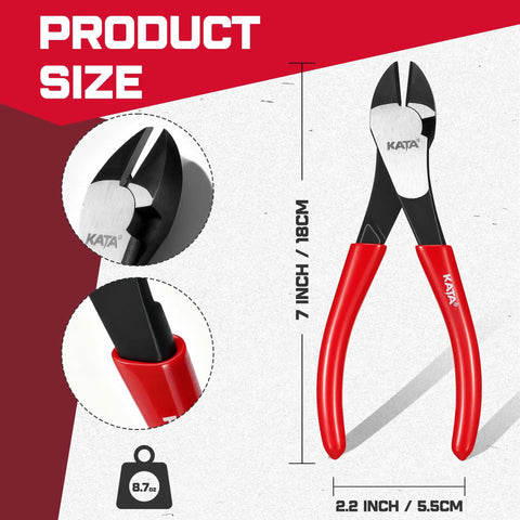 Heavy Duty 7 Inch High Leverage Diagonal Cutting Pliers With Angled Head For Precision Flush Cuts And Smooth Wire Snipping Action That Makes Short Work Of Electrical And Craft Projects Professional Grade Hardware No Sweat Guaranteed, showcasing size and grip.