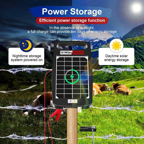 Solar Powered Fence Charger 0.18J Output With 24 7 Day Night Protection Portable Fence Energizer with cows in a field