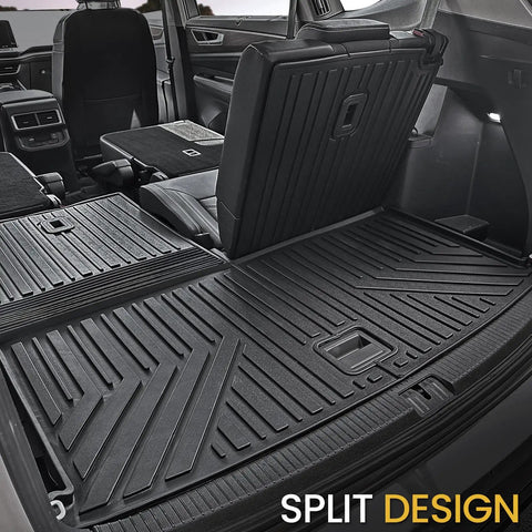 All Weather TPE Cargo Mat With Backrest Mats For Volkswagen Atlas 6 And 7 Seat SUV 2018 2019 2020 2021 2022 2023 2024 2025 2026 Trunk Liner Custom Fit Not For Cross Sport showcasing split design in rear cargo area.