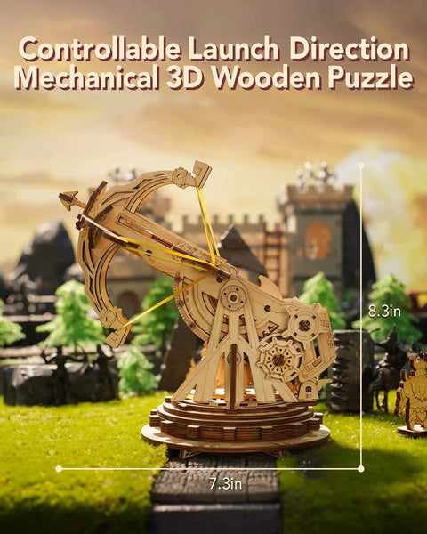 DIY Wooden Catapult Kit 3D Puzzle for Adults and Kids With Wheels and Gears Ballista Model Building Kit 142 Parts With Step by Step How To Guide Hands On STEM Gift for Boys and Girls, wooden ballista model, 8.3in x 7.3in