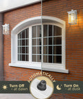 Dusk To Dawn Outdoor Wall Light 2 Pack Dope Exterior Sconce For Garage Porch Doorway Balcony And Garden shown on red brick wall.