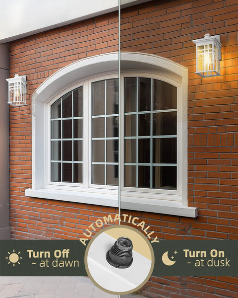 Dusk To Dawn Outdoor Wall Light 2 Pack Dope Exterior Sconce For Garage Porch Doorway Balcony And Garden shown on red brick wall.