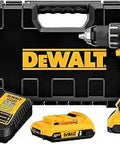 DCD791D2 20V Max Brushless Drill with XR Li-Ion Battery and Fuel Gauge next to charger and case