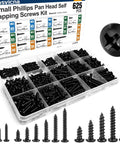Premium M2 M3 M4 Phillips Pan Head Self Tapping Screws Tough As Nails Carbon Steel Fastener Kit with 625 assorted screws in box.