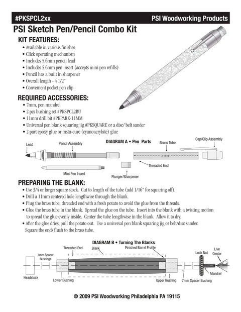 Top Shelf Chrome Woodturning Hardware Kit Pencil And Pen Project Set Three Piece Collection diagram showing PSI sketch pen and pencil combo