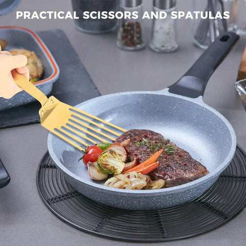 Snailhouse gold slotted spatula, stainless steel high-heat turner for flipping meat and vegetables in a grey pan