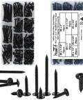 140 Piece Black Wafer Head Wood Screws And Deck Screw Assortment Kit Delivering Self Tapping Fasteners in organized storage box
