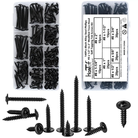 140 Piece Black Wafer Head Wood Screws And Deck Screw Assortment Kit Delivering Self Tapping Fasteners in organized storage box