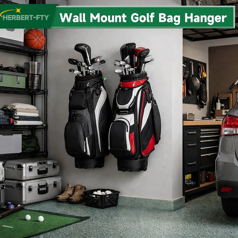 Two Pack Wall Mount Full Size Golf Bag Hangers For Garage Setup Space Saving Storage Heavy Duty Steel Golf Bag Holder