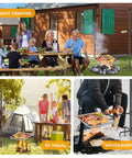 Four Prong Campfire Grill Grate With Swivel Handle For Heavy Duty Fire Pit Cooking And Outdoor BBQ in a camping setup with family