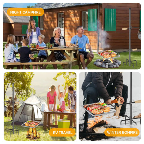 Four Prong Campfire Grill Grate With Swivel Handle For Heavy Duty Fire Pit Cooking And Outdoor BBQ in a camping setup with family