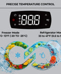 Digital temperature control display for Top Shelf Heavy Hitter 49 Cu Ft Commercial Freezer And Fridge, displaying modes and temperatures.