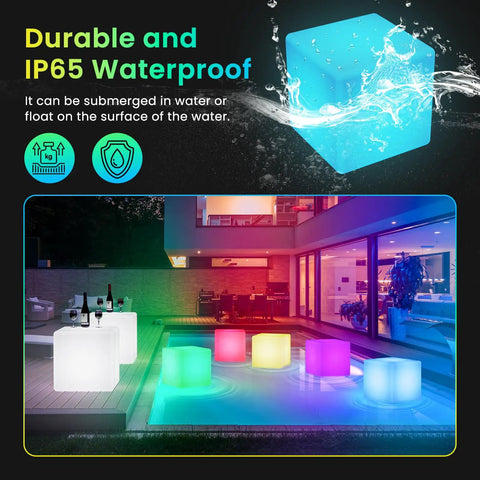 4 Inch RGB LED Cube Mood Light Tesseract Cube With 16 Color Options Waterproof IP65 Remote Controlled Night Light for Kids shown floating in pool
