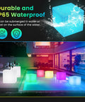 Outdoor scene with colorful 7 Inch LED Mood Cube Light Vibe With 16 RGBW Color Options Cordless Rechargeable Night Light IP65 Waterproof