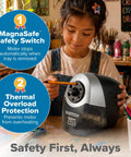 Child using Heavy Duty 6 Hole Pencil Sharpener With Industrial Motor Quiet Fan Cooled Operation 75 Percent Faster Sharpening