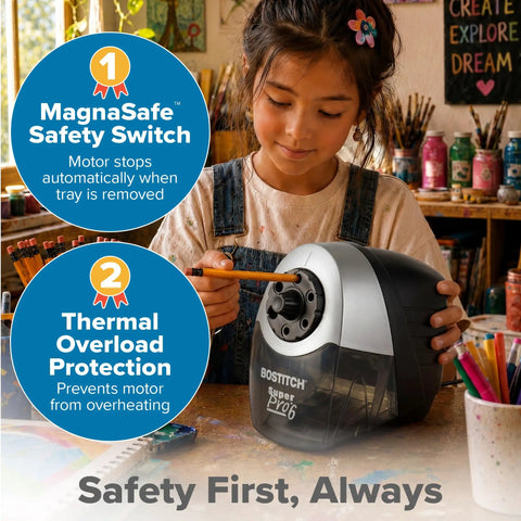 Child using Heavy Duty 6 Hole Pencil Sharpener With Industrial Motor Quiet Fan Cooled Operation 75 Percent Faster Sharpening