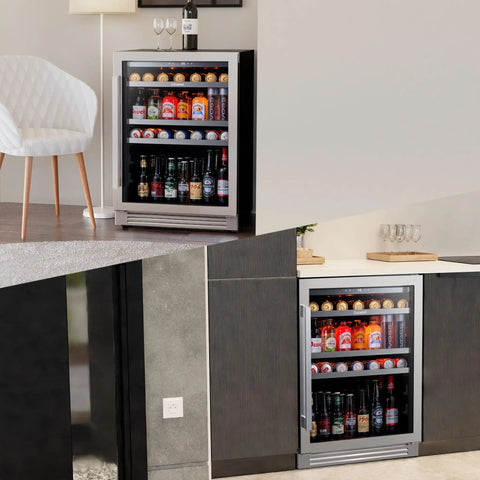 24 Inch Beverage Refrigerator With Glass Door For Home Kitchen Holds 140 To 180 Cans Temperature Range 34 To 54 F Built In Or Freestanding Cooler Three Adjustable Shelves Quiet Led Lighting Easy Access Drink Fridge shown in living room setting