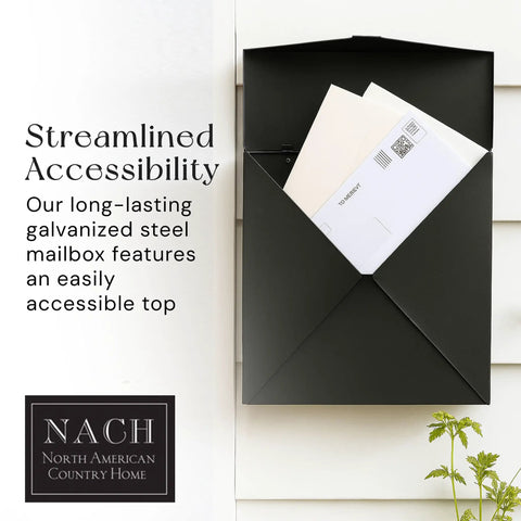 Heavy Duty Outdoor Wall Mount Mailbox 10 By 10 By 4 Inches Black Waterproof Weatherproof Metal Mailbox With Rustproof Galvanized Steel Construction Triple Leakproof Hinges And Wraparound Lid Chicago Style shown open with letters inside