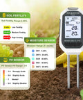 7 In 1 Soil Tester Kit With Backlit LCD for plants showing fertility, moisture, and pH sensors in garden soil