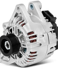 Heavy Duty Alternator For Kia Sedona 2002 To 2005, 120 Amp, 6 Groove Pulley, silver finish, close-up view, direct fit generator.