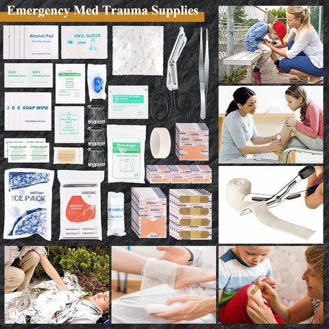 Front view of Abpir318 PCS emergency survival kit contents: bandages, wipes, scissors, tape, ice packs, blanket for car