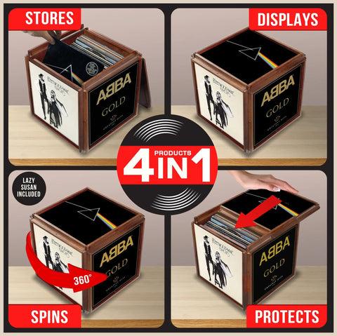 Rotating Vinyl Record Storage Box 4 In 1 Wooden Display Cube For 100 LP Records showcasing rotation and display features.