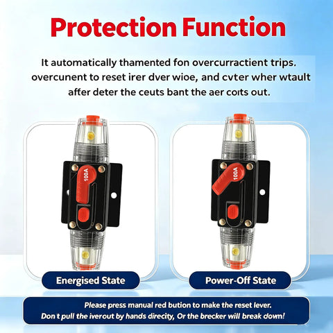 100 Amp Manual Reset DC Circuit Breaker Built Tough For 12V To 48V Systems showing energized and power-off states.