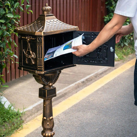 Person retrieving mail from Rustproof Cast Aluminum Locking Curbside Mailbox With Post Mount Large Black Beefy Heavy Duty Security Mailbox