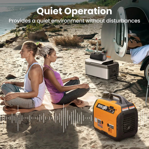 Couple meditating on beach near 3500 Watt Gas Powered Inverter Generator With 3000 Watt Run Ultra Portable 47lb Backup Power