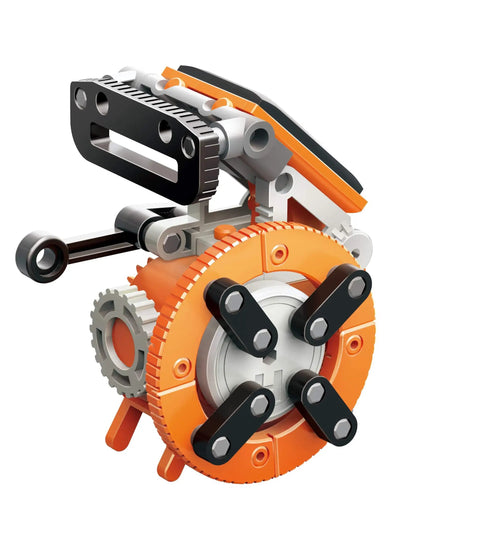 Eight In One Solar Robot Kit For STEM Fans Super Easy To Build Eight Solar Powered Robots In Minutes No Batteries Needed Solar Panel Included Learn Solar Energy And Tech With A Drummer Bot Racer Bot Tank Bot Armadillo Bot Dino Bot And More. orange solar robot model with gears and wheels