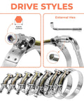 Beefy 14 Piece T Bolt Hose Clamp Set In 304 Stainless Steel For 1 To 3 Inch Hoses with drive styles and external hex detail.