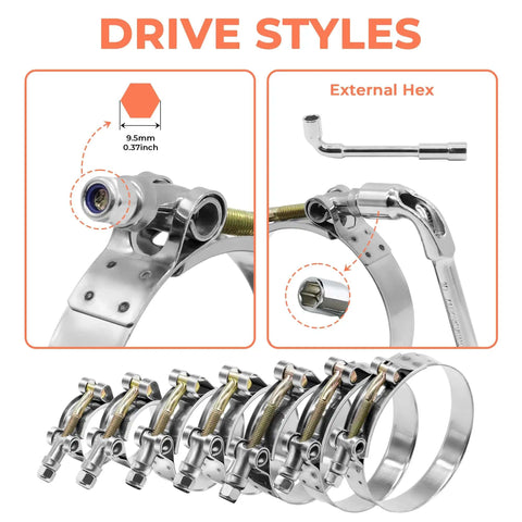 Beefy 14 Piece T Bolt Hose Clamp Set In 304 Stainless Steel For 1 To 3 Inch Hoses with drive styles and external hex detail.