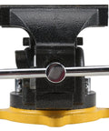 Heavy Duty 6 Inch Swivel Base Bench Vise One Hand Quick Release Tool Clamp with chrome lever and yellow base view from the front.