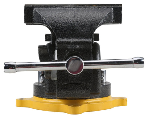 Heavy Duty 6 Inch Swivel Base Bench Vise One Hand Quick Release Tool Clamp with chrome lever and yellow base view from the front.