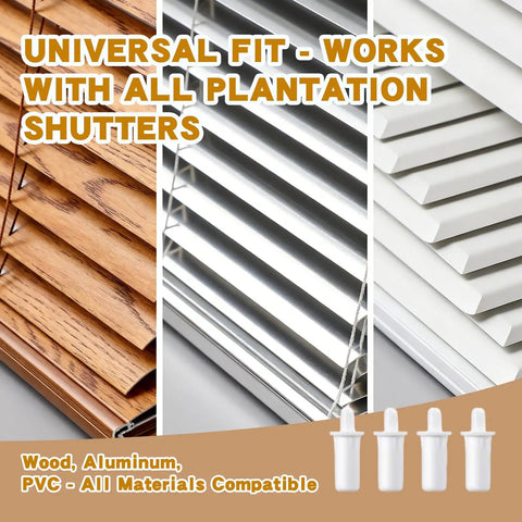 Quick Fit Spring Loaded Shutter Pins No Sweat Install Total Plantation Shutter Repair Kit showcasing wood, aluminum, PVC shutter compatibility.
