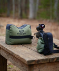 Pre Filled All Weather Rifle Sandbag Rest For Bench Shooting And Competition Front And Rear Set Ready To Use Heavy Duty 900D Oxford Fabric Tear Resistant Olive Drab on wooden bench