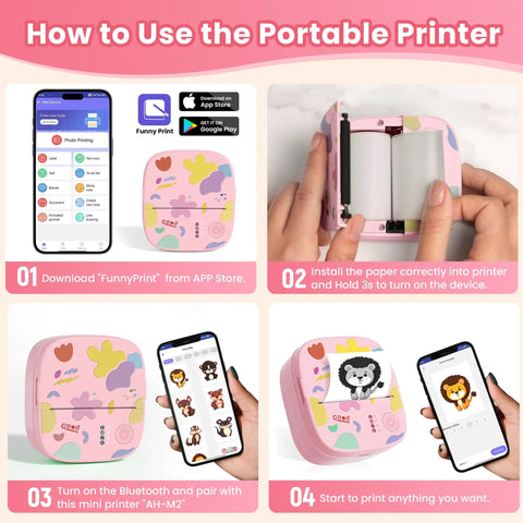 Instructions for using the Super Slick Mini Sticker Printer And Quick Photo Maker, showing setup and printing process.