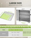 Heavy Duty No Cap Commercial Food Dehydrator Machine With Ten Detachable Stainless Steel Trays shown with size comparison of trays.