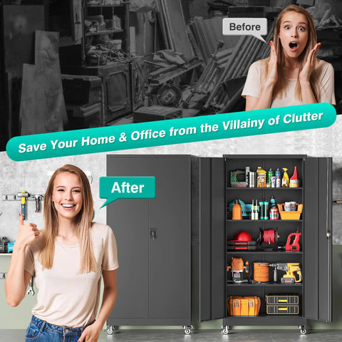Before and after organizing with Heavy Duty Metal Rolling Storage Cabinet With Locking Wheels 75 Inch Tall Garage Organizer