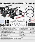 Air Compressor Installation Kit including two compressors and various fittings for Heavy Duty 200 Psi Onboard Air Compressor For Cars And Trucks.