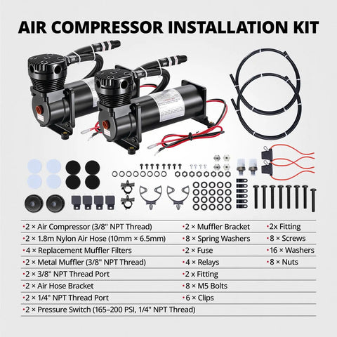 Air Compressor Installation Kit including two compressors and various fittings for Heavy Duty 200 Psi Onboard Air Compressor For Cars And Trucks.