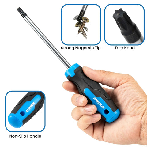 Person holding Magnetic Torx Screwdriver Set With 12 Pieces T5 Through T40 6 Point Star Heads Heat Treated Chrome Vanadium Steel