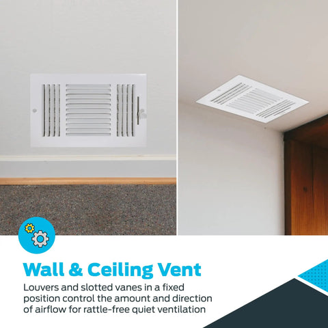 10x6 Inch Duct Opening Air Vent Cover for Wall or Ceiling with Three-Way Deflector shown installed, white steel finish