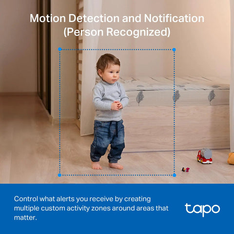 1080P Indoor Pan Tilt Security Camera Plug And Play For Home Surveillance detects child in nursery with motion alert feature.