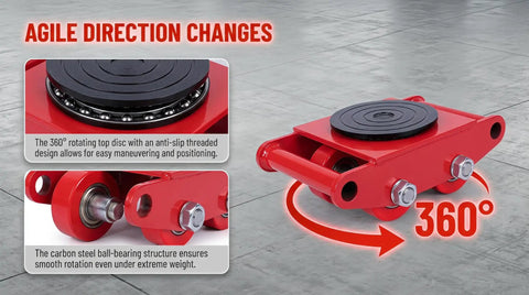 4 Piece Heavy Duty Machinery Skates Set With 8 Ton Total Load Capacity, Each Unit Handles Up To 2 Tons, Built For Smooth Cargo Moving And Industrial Equipment Handling red steel skate with 360° rotating top disc