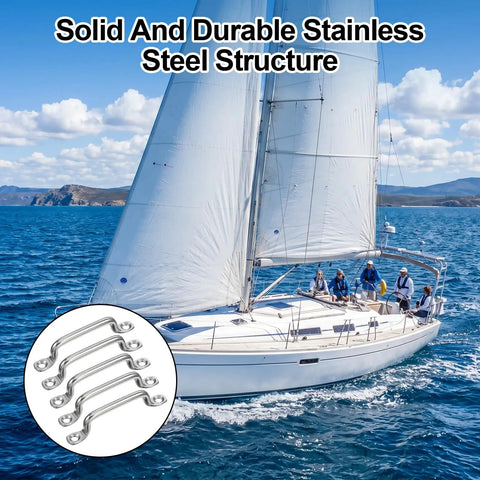 Beefy 48 Pcs Stainless Steel Footmans Loops With Screws Kit, 3 Inch Total Length, Heavy Duty Fasteners With 96 Flat Head Screws, Ideal For Outdoor Gear, Marine, DIY Projects, And Rope Attachments. stainless steel footman loops on sailboat